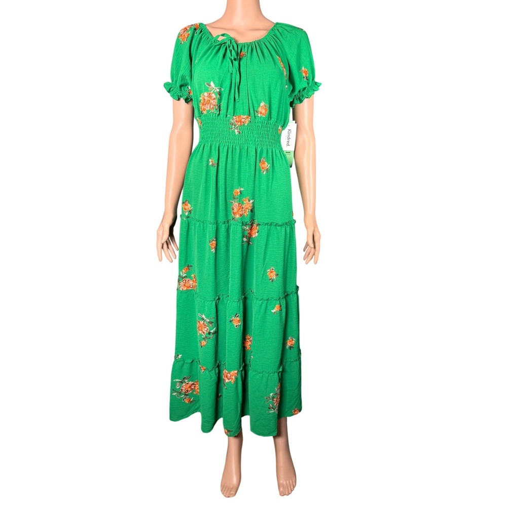 Kindred Petite Green Floral Embroidered Midi Dress Smocked Size PM New